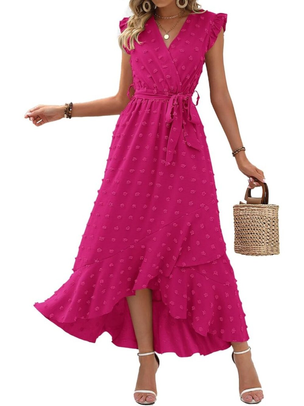 Womens Rose Red Swiss Dot Cap Sleeve V Neck Tie Waist Imported Causal Maxi Dress